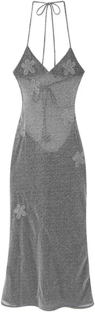 Женское A-силуэта платье миди с цветочной вышивкой, Silver Gray — фото 3