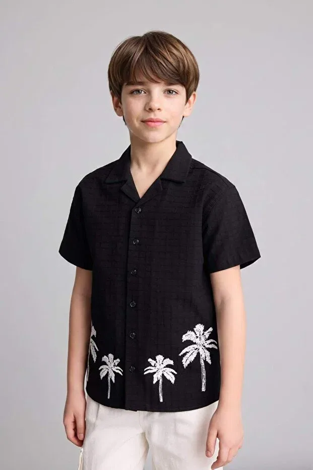 Детская рубашка для мальчиков с принтом Regular fit polo collar tropical patterned short sleeve shirt boys g7700a826sm Defacto, Black Bk81 — фото 2