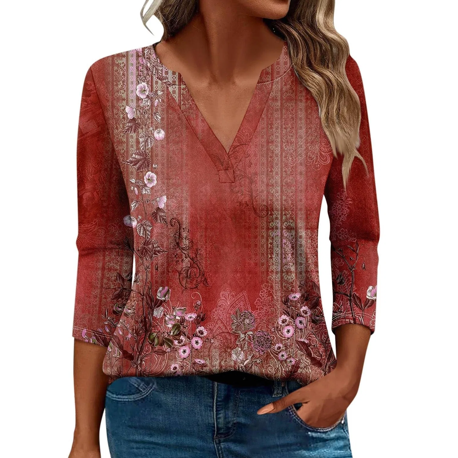 Женская блуза с принтом Women Blouses 3/4 Sleeve V Neck Casual Elegant Summer Boho Floral Print Blouses, 39#rosso