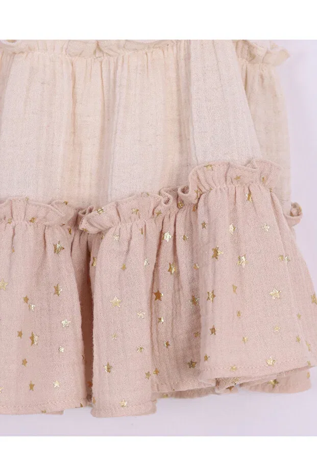 Детское платье для девочек с принтом Star Printed Ruffle Detailed Serkon Baby, Beige — фото 3