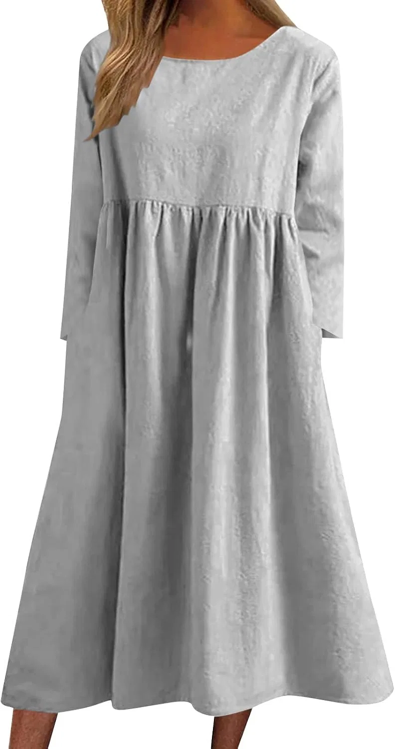 Женское винтажное платье макси с воланами из хлопка и льна, 1c-grey