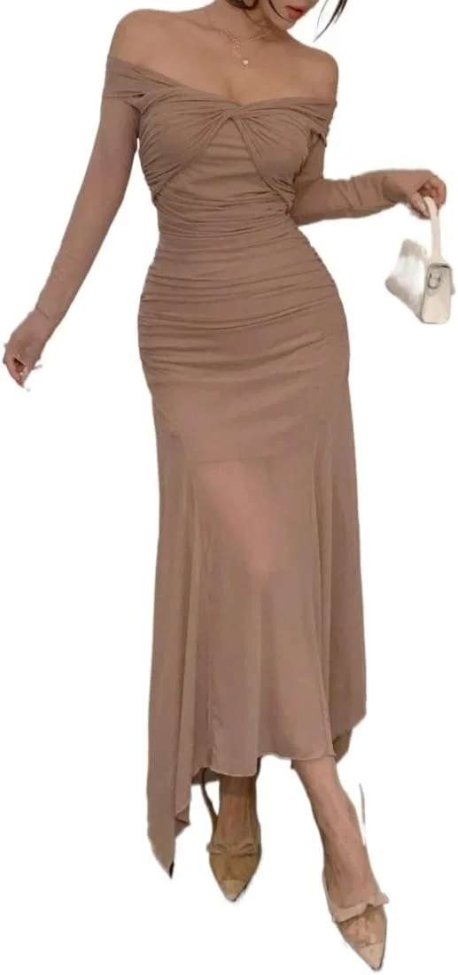 Женское миди-платье с открытыми плечами Twisted Solid, Brown