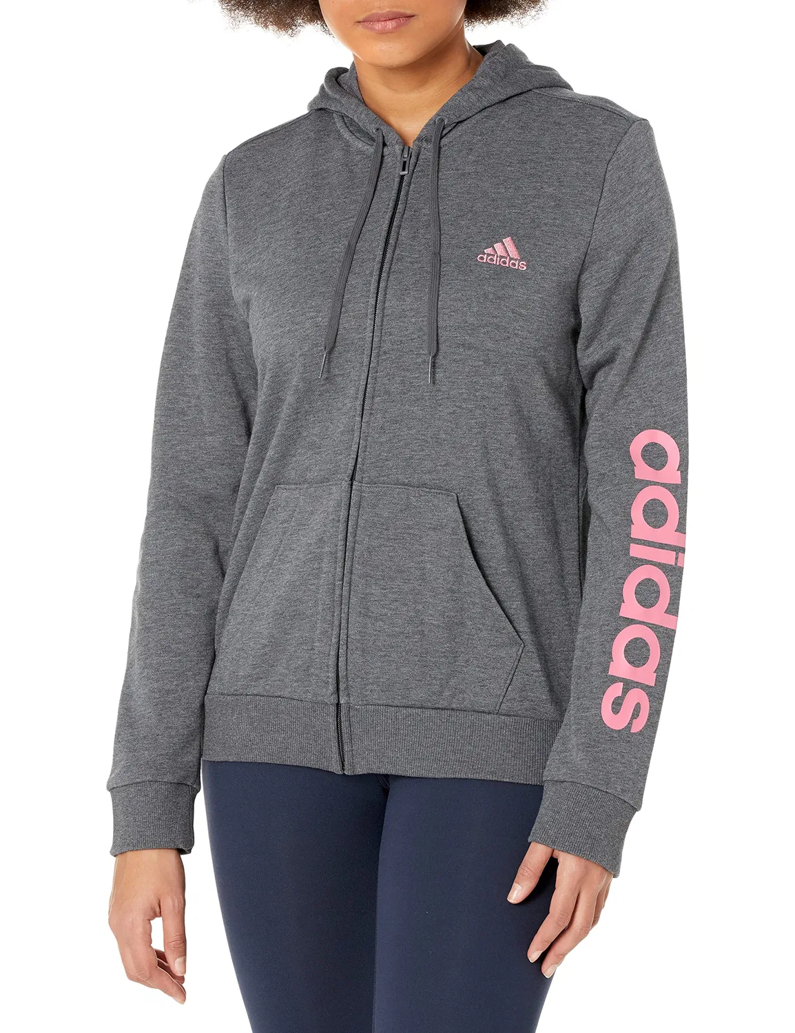 Женская худи с капюшоном и полной застежкой-молнией Essentials Logo, adidas, Dark Grey Heather/Rose Tone