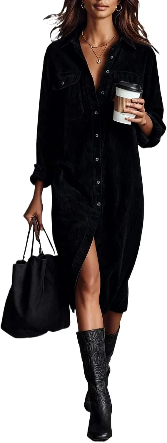 Женское платье-рубашка из вельвета Workwear Style, Black