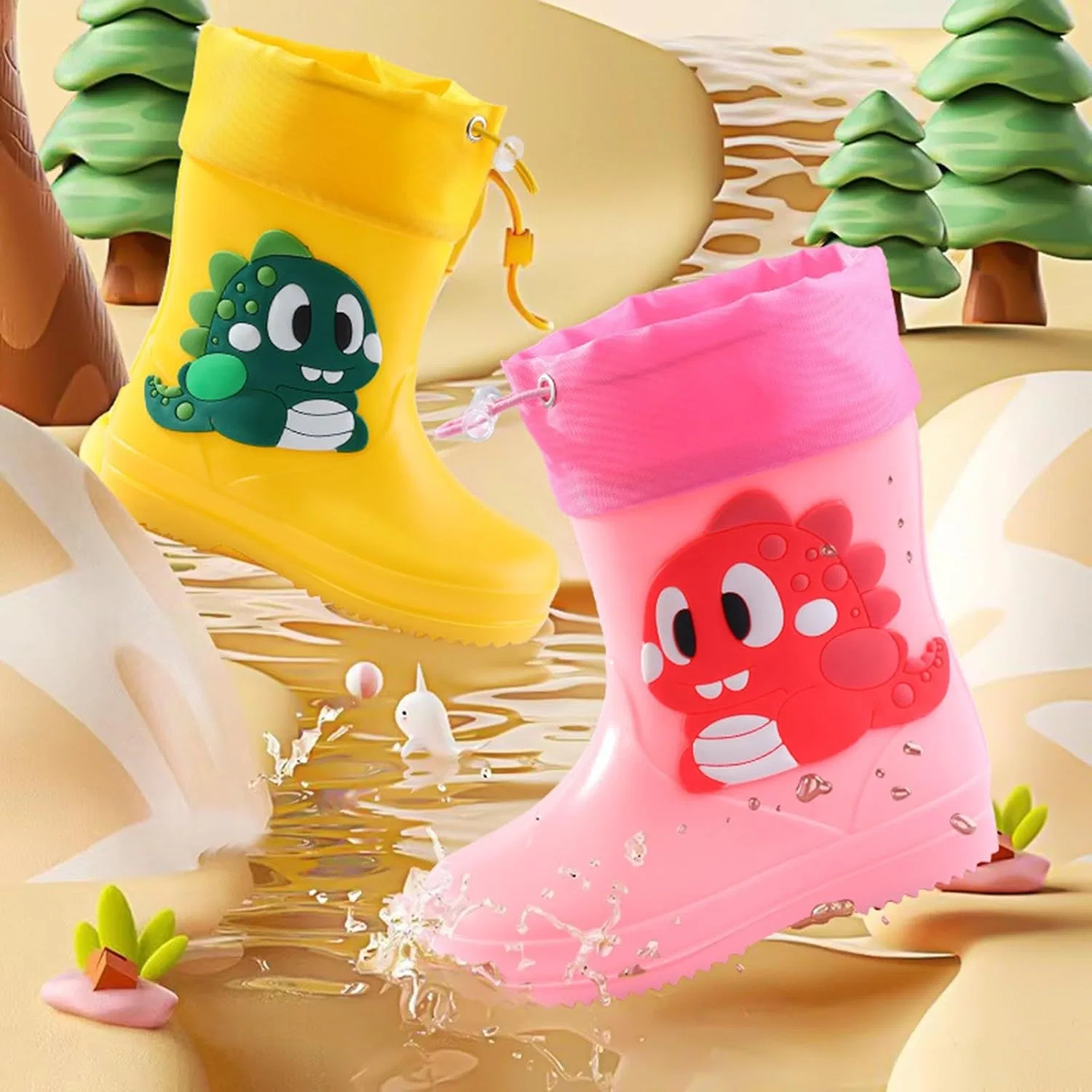 Детские сапоги резиновые с принтом динозавра Rain Boots, Yellow — фото 3