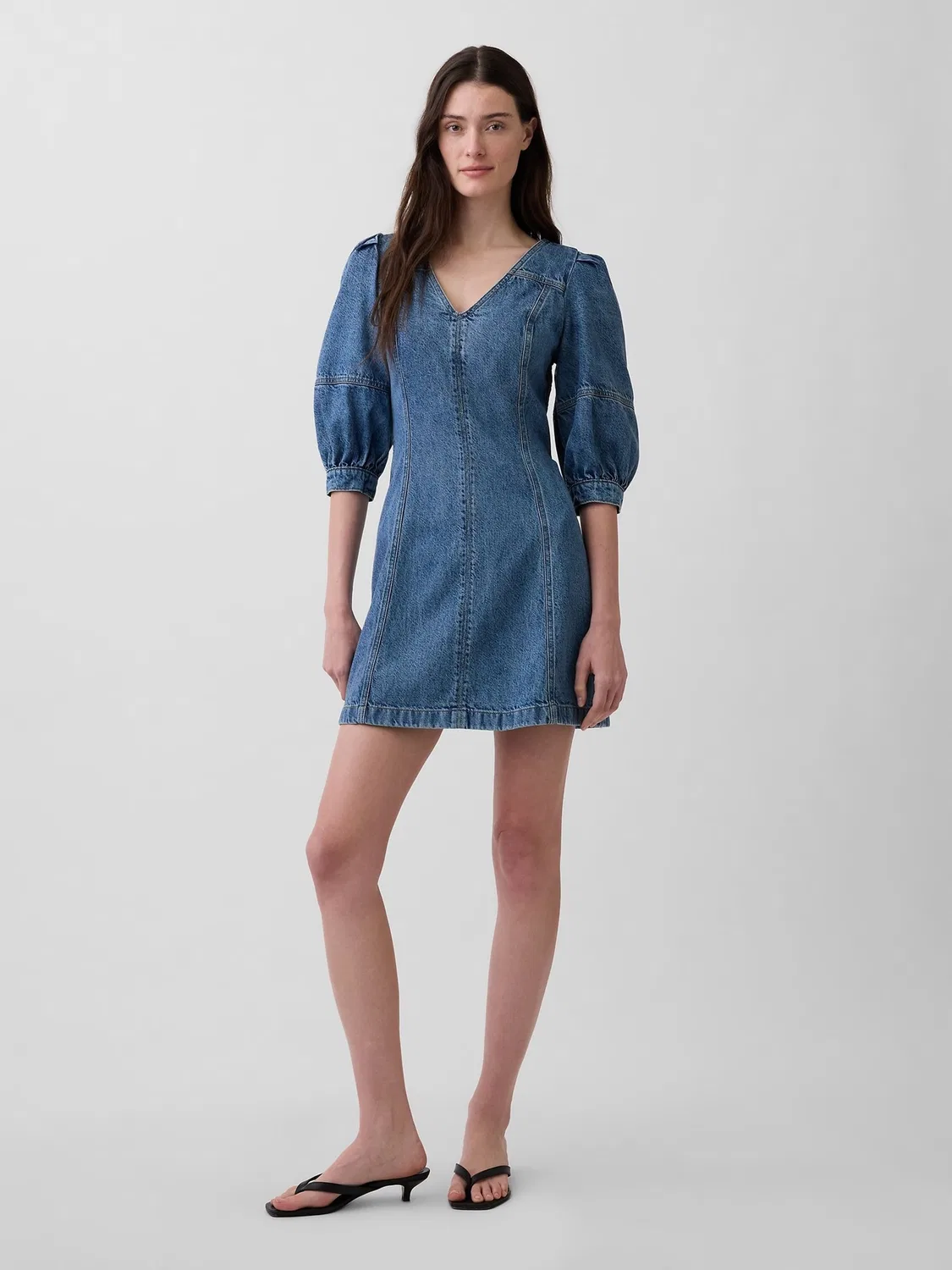 Платье джинсовое мини с пышными рукавами Gap, синее