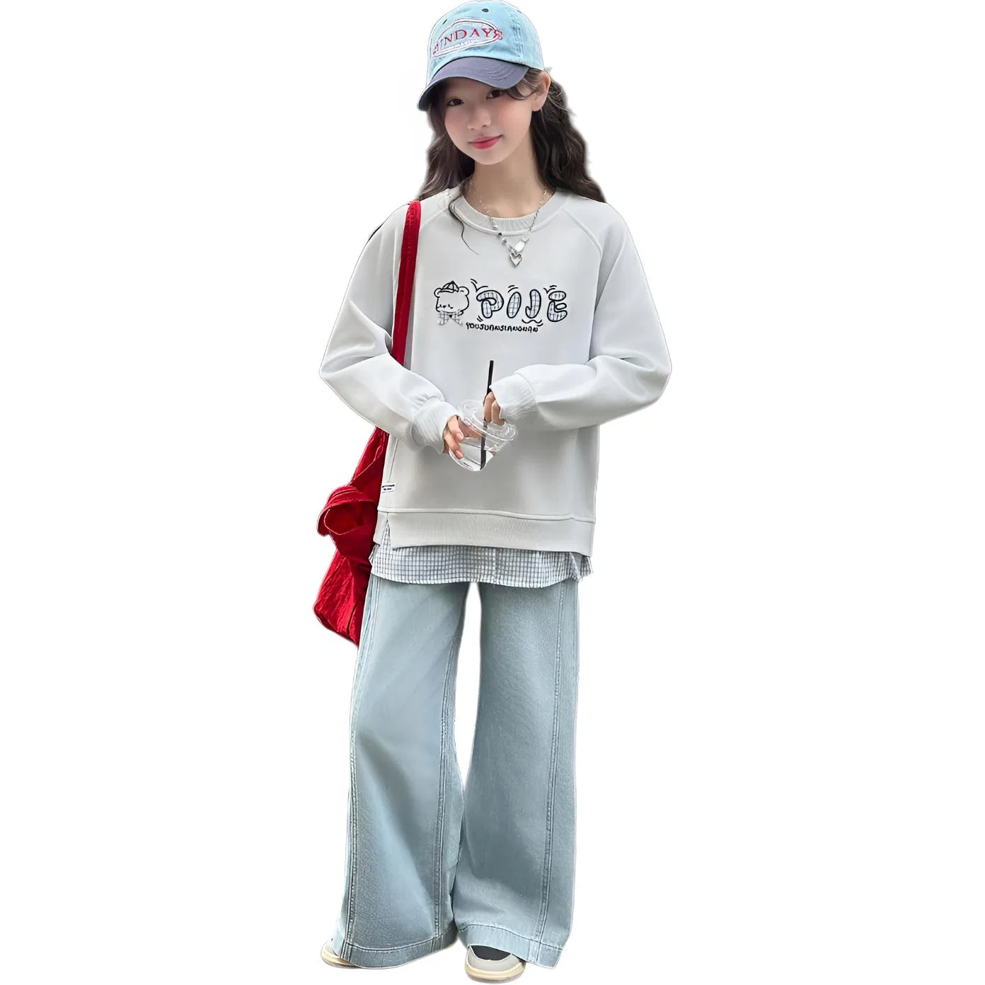 Детский спортивный комплект с рубашкой поло и джинсами с разрезом, MADALLO, Light Blue Top/Front Split Jeans
