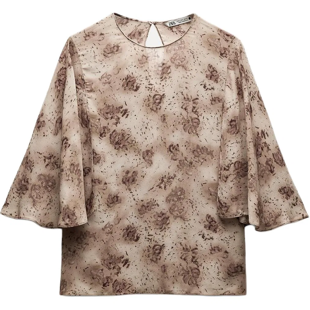 Рубашка с круглым вырезом, тонкая, ZARA, Brown