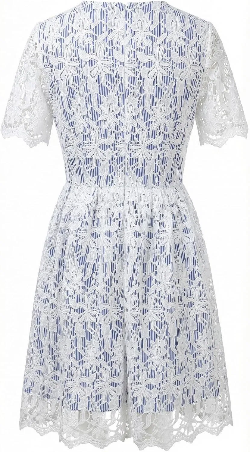 Женское платье А-силуэта с кружевной отделкой, White Lace Over Navy Stripe — фото 2