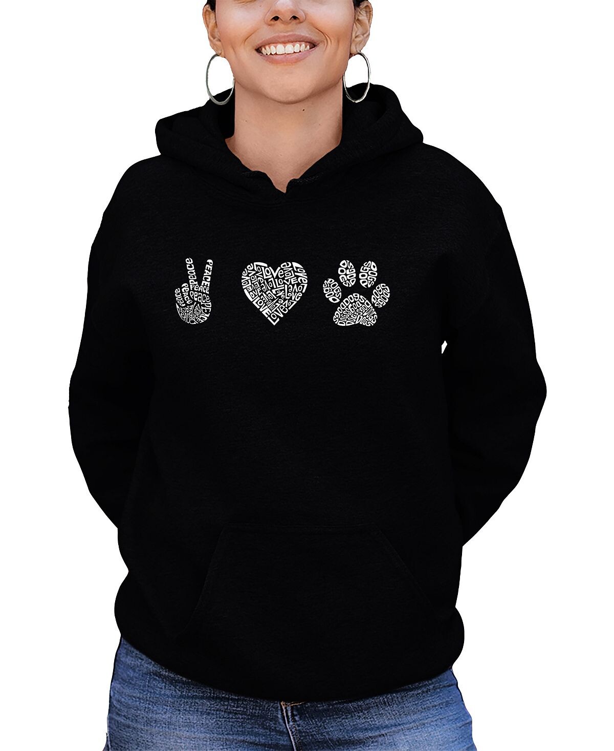 

Женская толстовка с капюшоном peace love dogs word art LA Pop Art, черный
