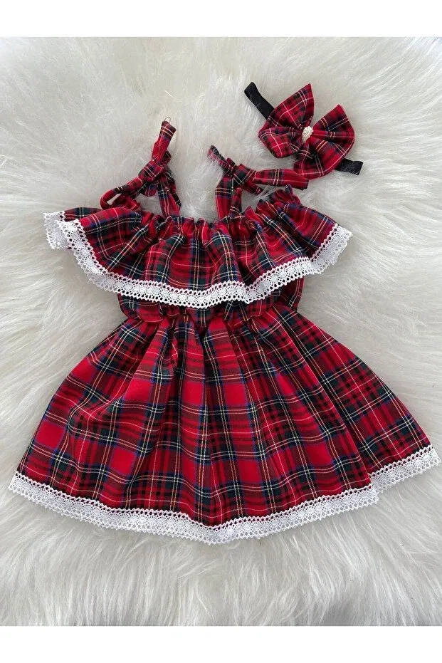 Детское платье-сарафан с кружевом Lacework Moda Lina, Red Plaid