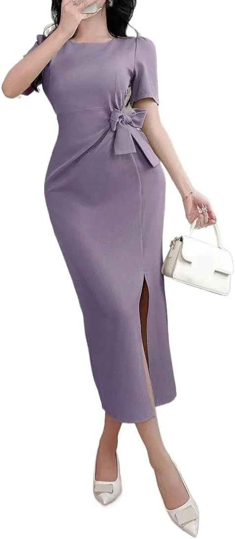 Женское элегантное платье с бантом и разрезом Puff Sleeve, Purple