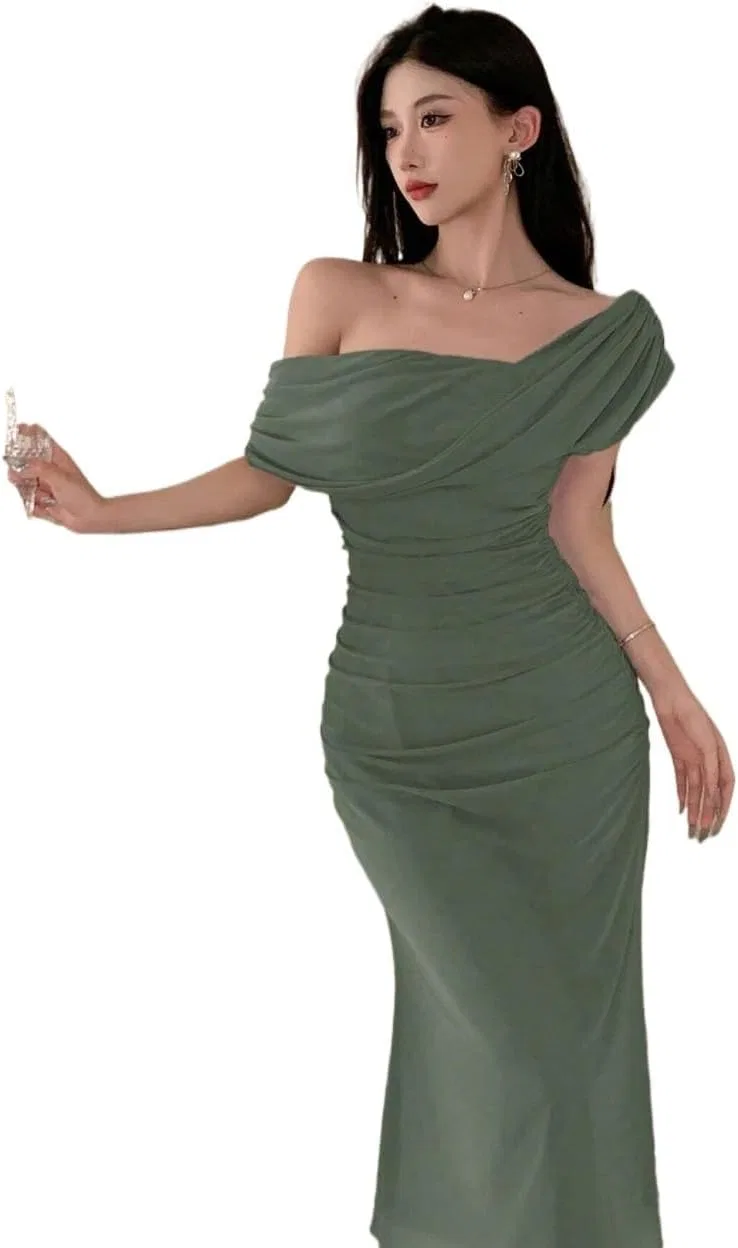 Женское миди-платье с асимметричным вырезом, Green — фото 2
