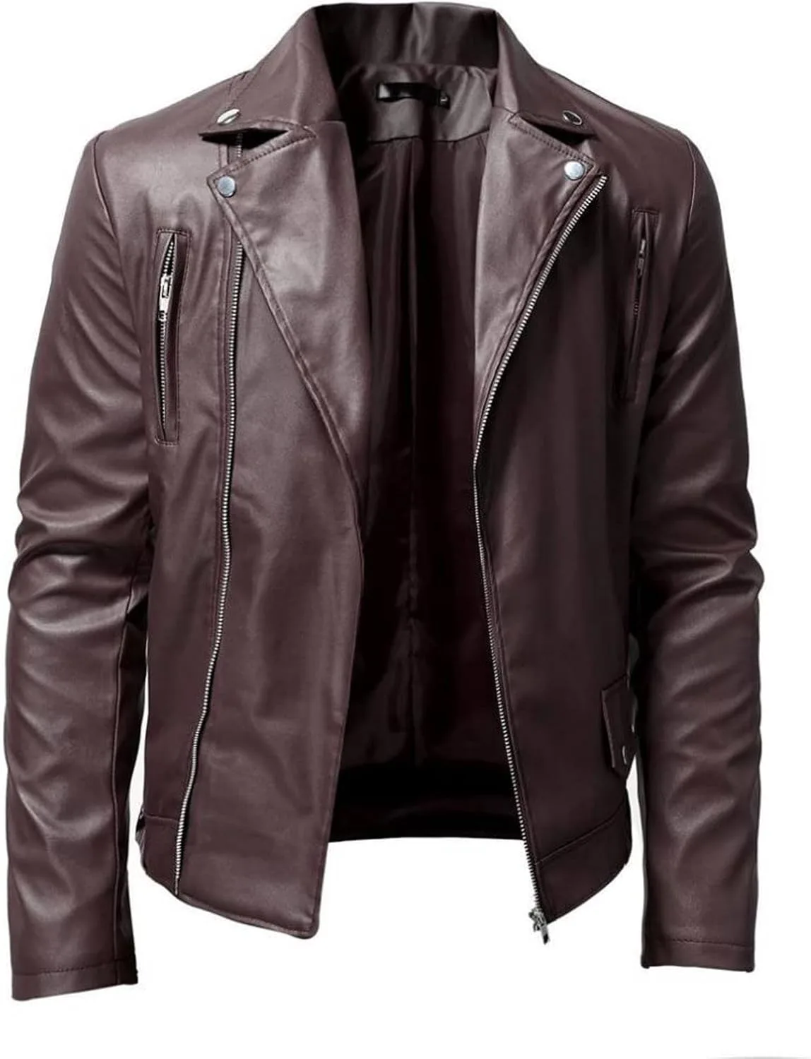 Кожаная куртка для мужчин, Faux Bomber Jacket, мотоциклетная куртка с лацканом-вырезом, Moto Biker Coat, застежка-молния, бомбер, верхняя одежда Generic, коричневый — фото 2