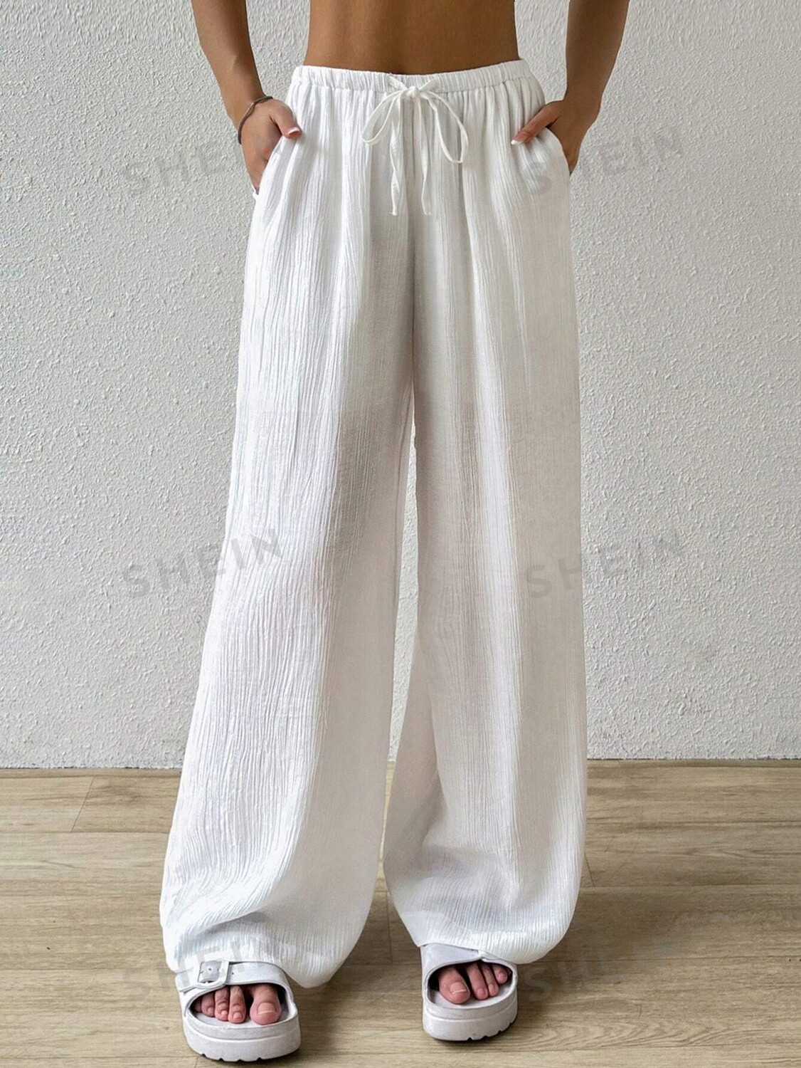 

EZwear Женские брюки, Однотонные, с завязкой на талии, длинные Shein, белый