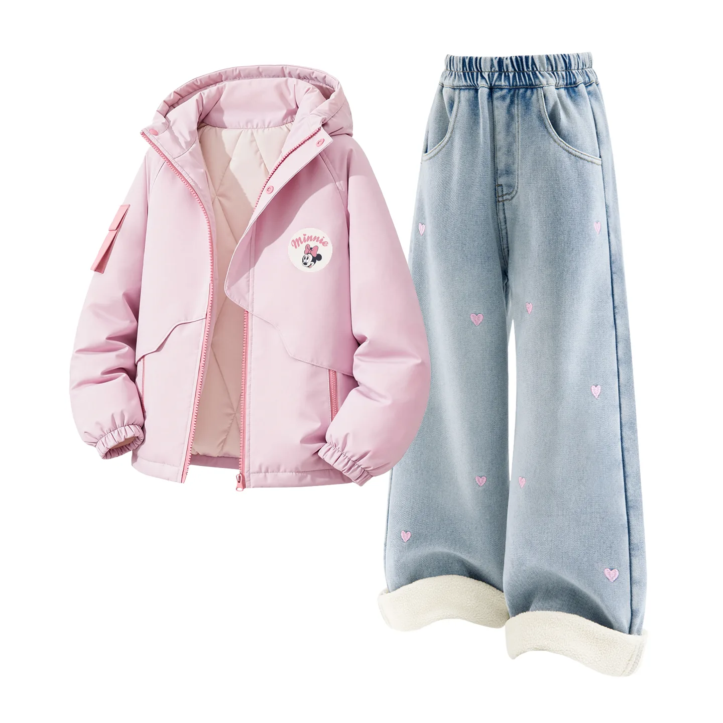 Детская повседневная худи с капюшоном Disney, [Thickened and Fleece-Lined]Dini Round Hook-and-Loop K Rose Pink+Solid Color Denim Light Blue