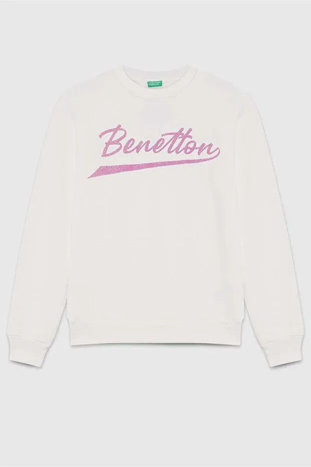 Детские свитшот для девочек с принтом Benetton, Ecru