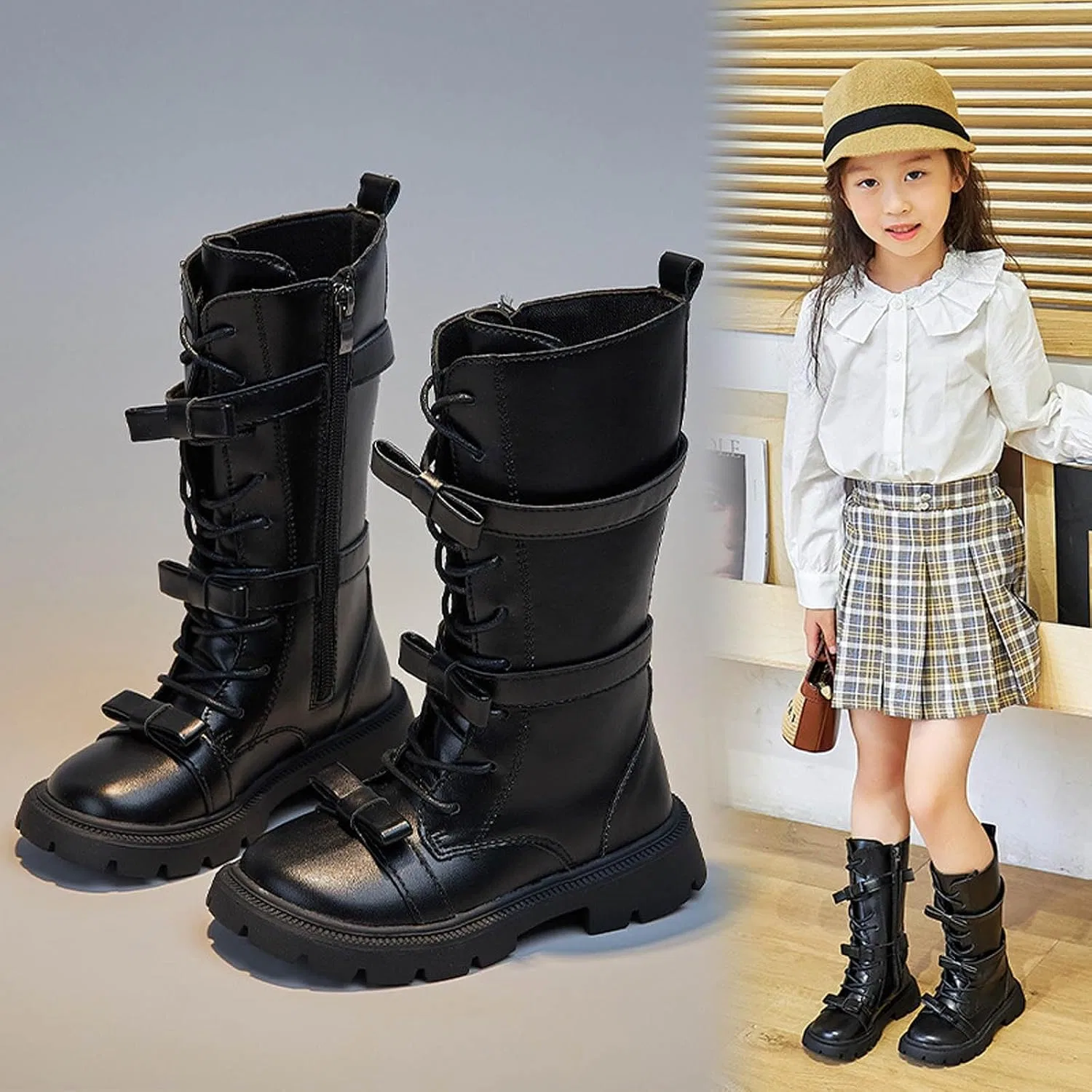 Детские сапоги для девочек с боковой молнией и рифленой подошвой Princess Tall Shoes, Black — фото 3