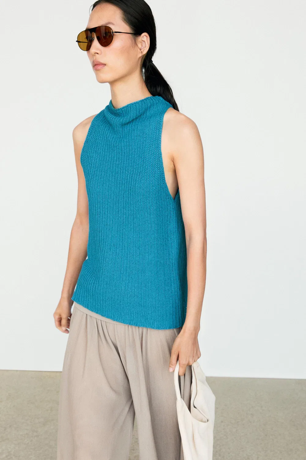 Топ Massimo Dutti Linen Blend Knit Button-detail, бирюзовый — фото 3