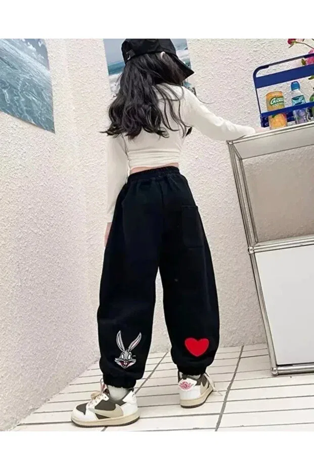Детские штаны для девочек с принтом Unisex rabbit patterned 3 thread jogger sweatpants - relaxed fit Keywest, Siyah
