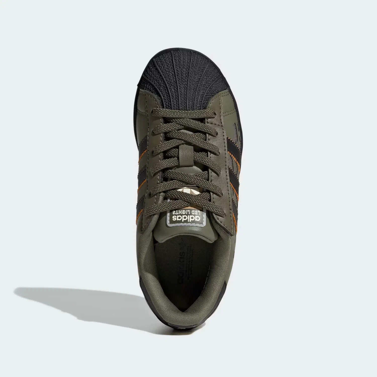 Детские кроссовки с LED-подсветкой и эластичными шнурками Superstar Adidas Originals, серебристый/оливковый/черный — фото 3