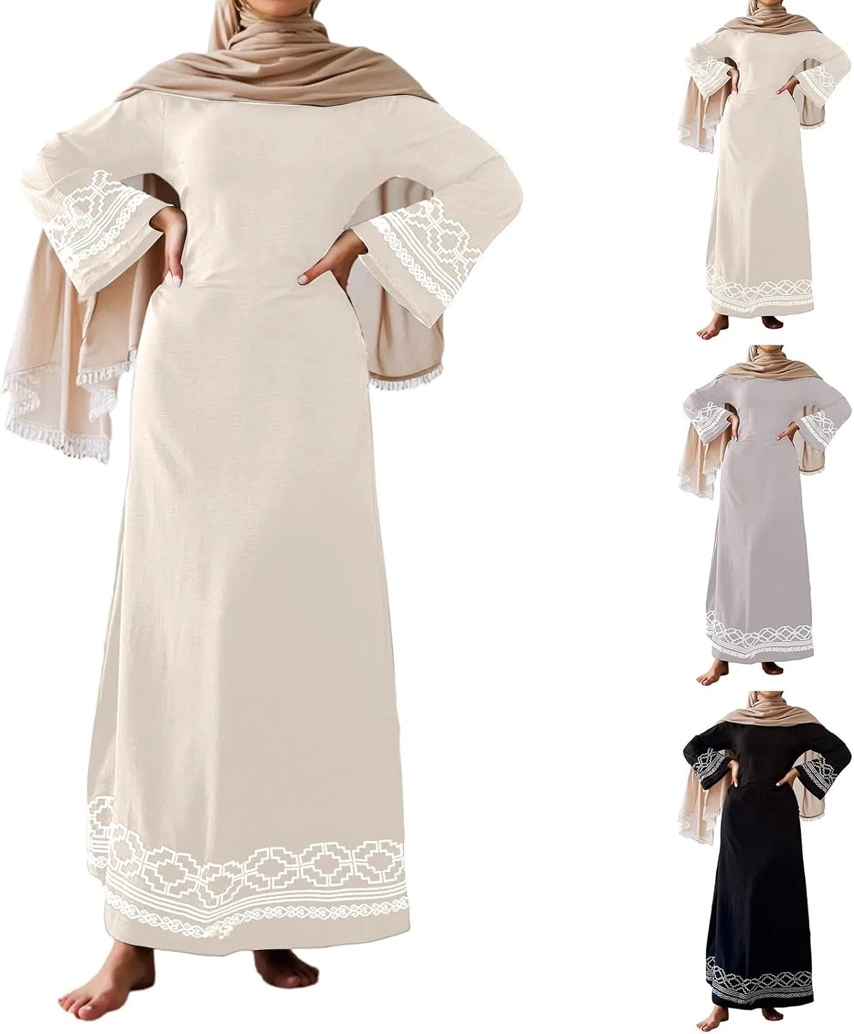 Женское длинное мусульманское платье-абая с длинным рукавом, Beige