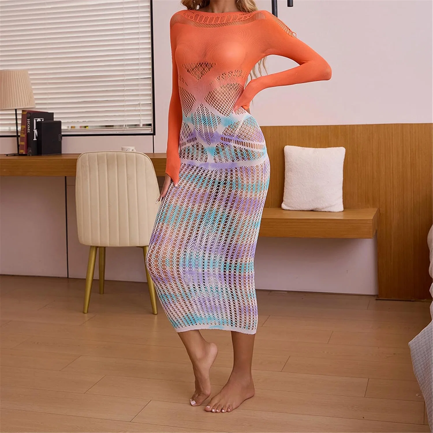 Женское мини-платье с градиентом Bodycon с вырезами, Yellow/Blue/Purple — фото 3