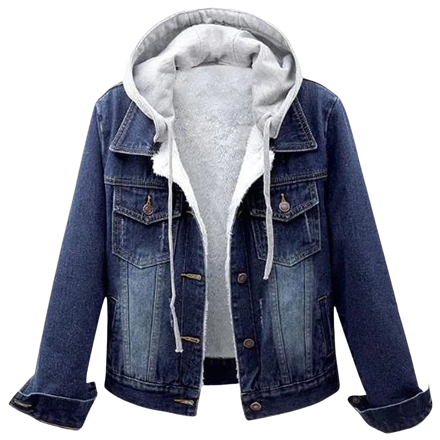 Женское демисезонное пальто с капюшоном из денима с меховой подкладкой, dark blue