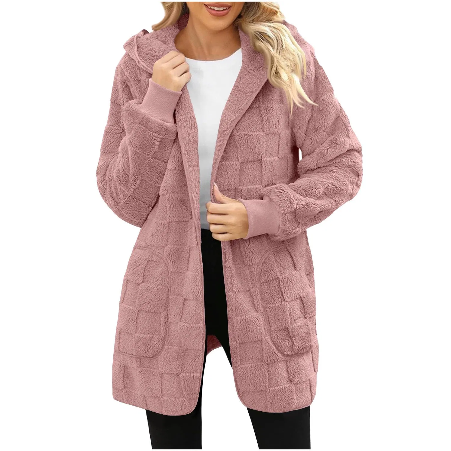 Женское флисовое пальто с капюшоном, клетчатое, свободного кроя, 02 rosa