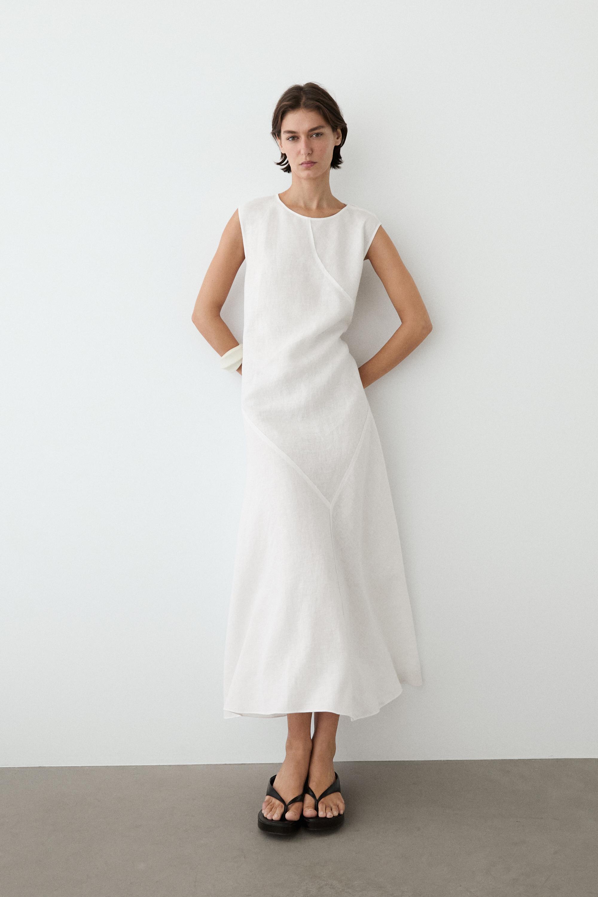 Платье  Massimo Dutti Flowing 100% Linen Midi, белый
