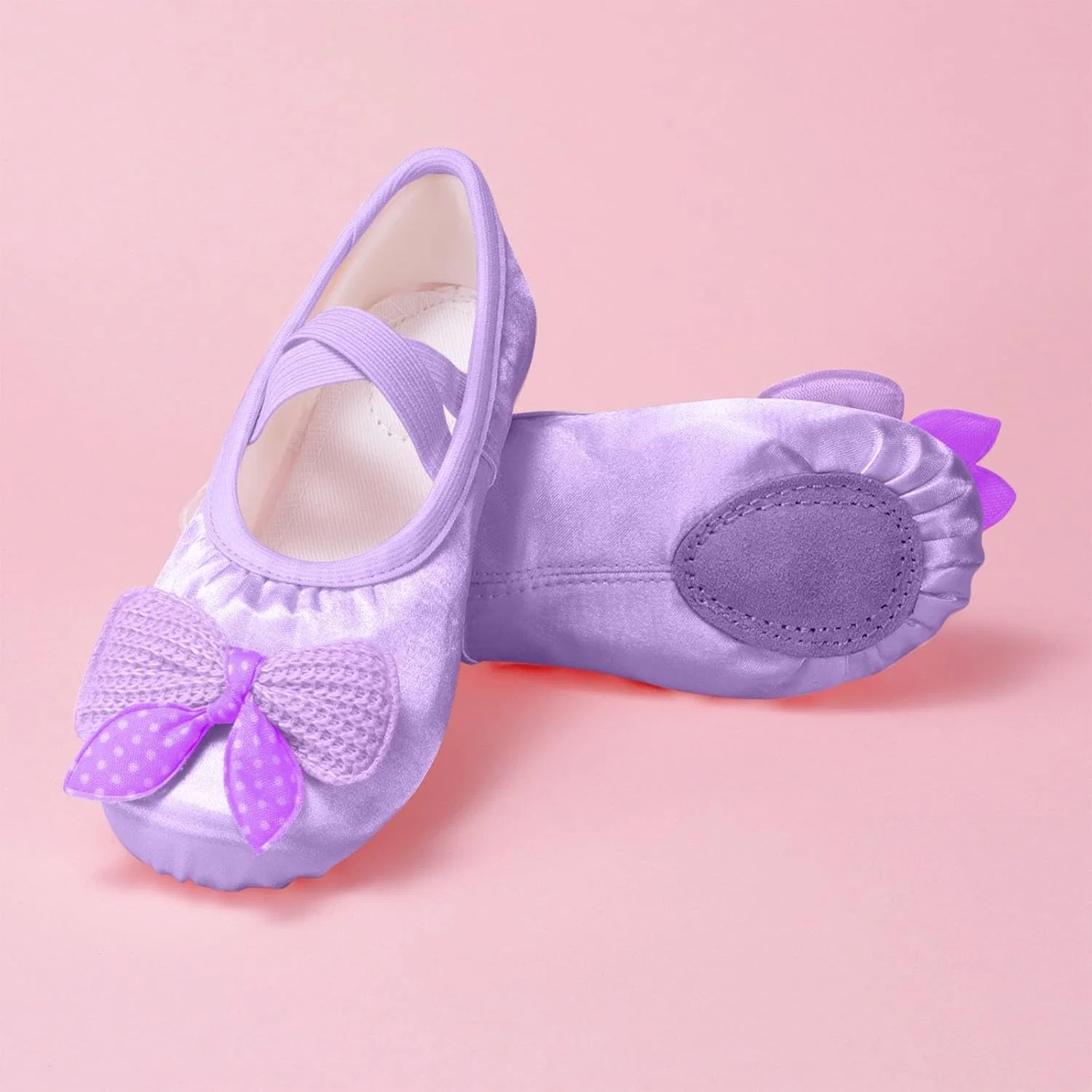 Детские балетки для девочек с бантом и эластичными лямками, Purple — фото 4