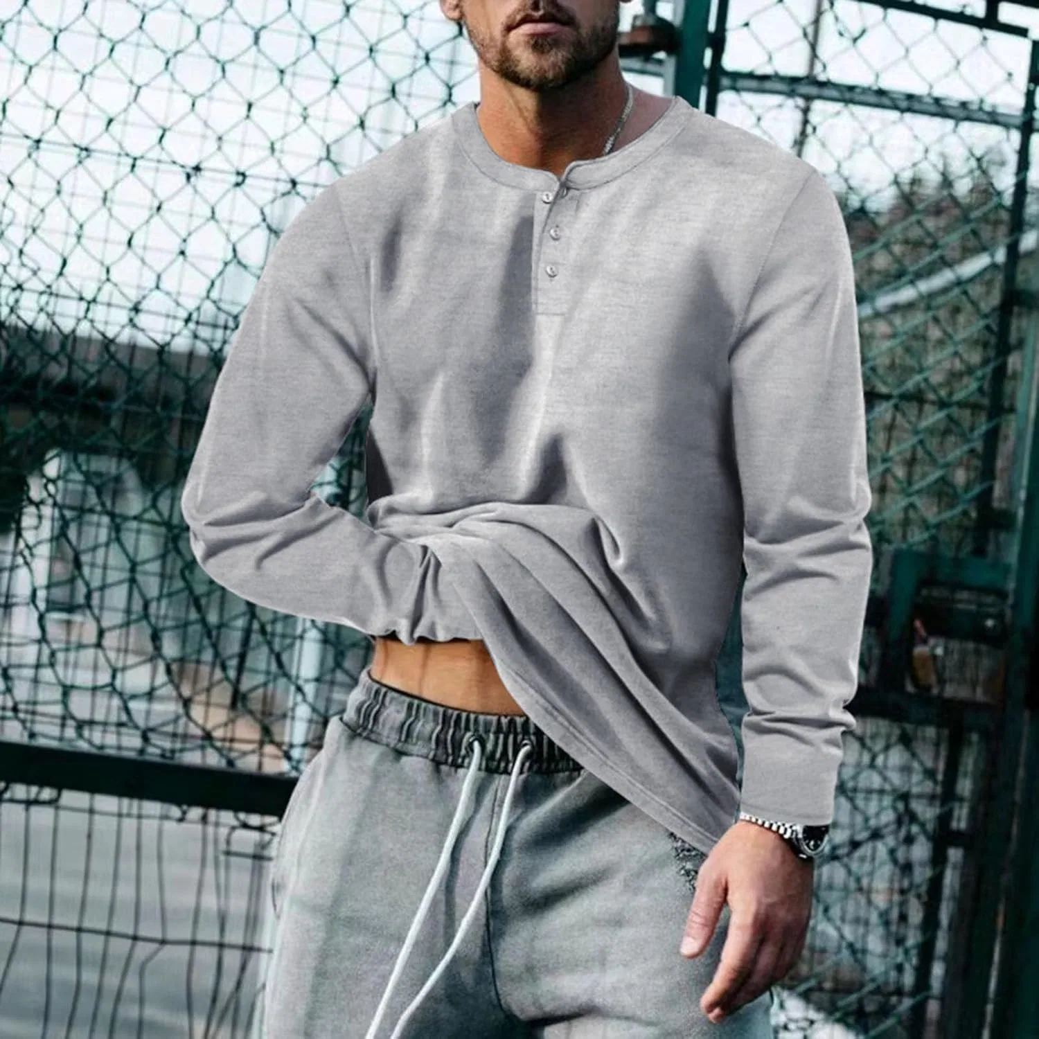 Мужская футболка с длинным рукавом Henley, Cotton, Gray — фото 2