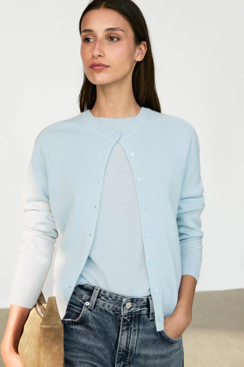 Укороченный вязаный кардиган Massimo Dutti, 100% кашемир, небесно-голубой — фото 3