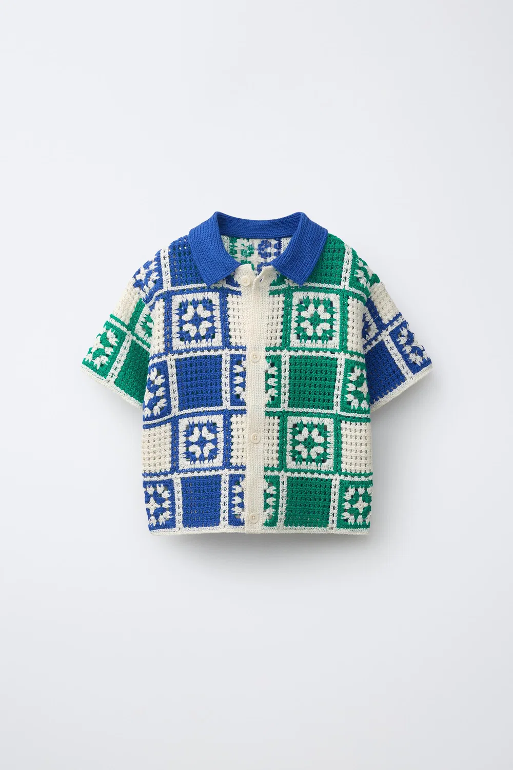 Вязаная крючком и спицами рубашка с мозаичным узором ZARA, Ecru/Blue