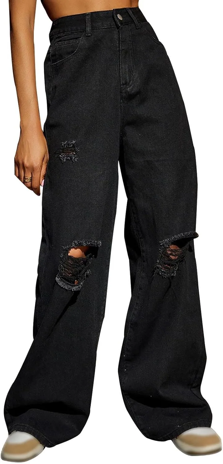 Джинсы для женщин High Waist Loose Fit Wide Leg с потертостями