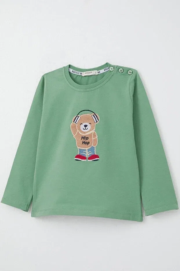 Детская футболка для мальчиков с длинным рукавом Teddy Bear Embroidery Breeze, Mint Green — фото 4
