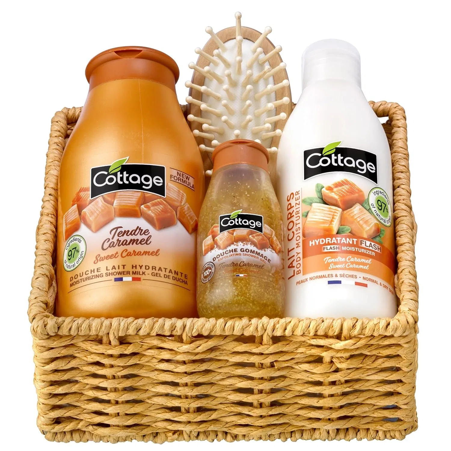 Набор для душа Cottage Soft Caramel, 1 гель для душа 250 мл + 1 скраб 50 мл + 1 молочко для тела 200 мл + 1 деревянная расческа