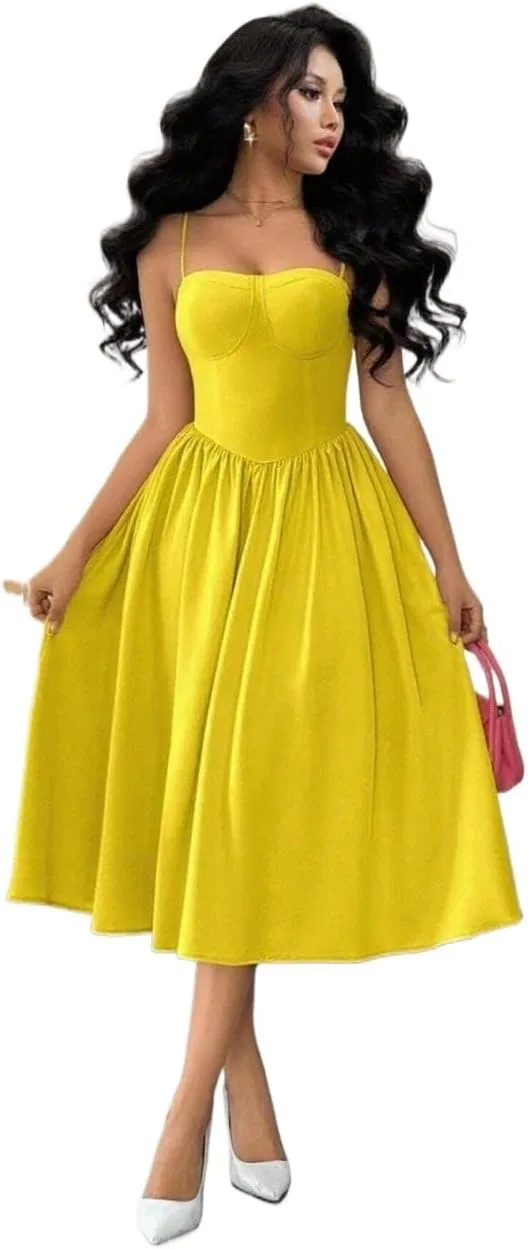 Женское элегантное платье миди с открытой спиной, Yellow — фото 3