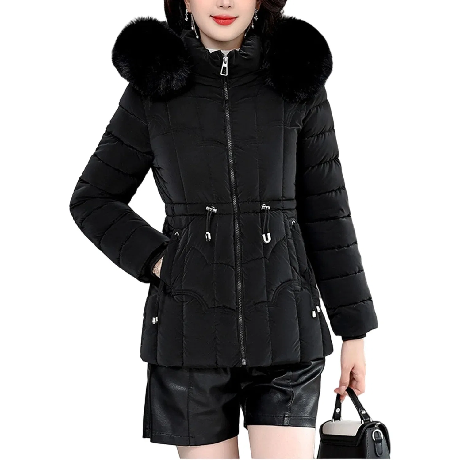 Женское зимнее пальто с капюшоном и меховой отделкой, Black