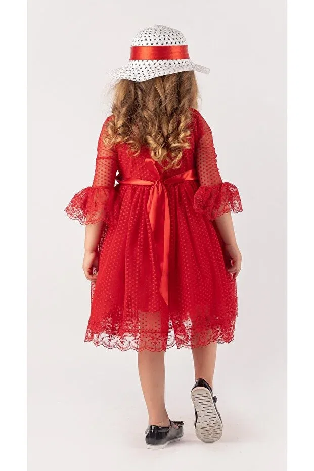 Детское платье для девочек с принтом Double Hat Bow Polka Dot Period Dress Mnk, Red — фото 2