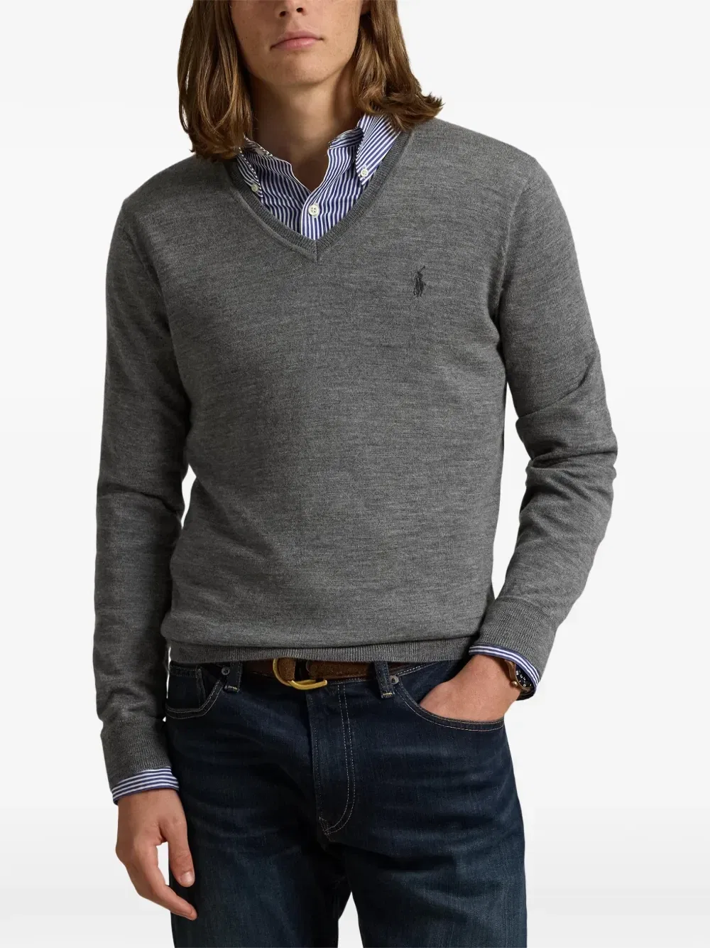 Свитер с V-образным вырезом и вышитым логотипом Polo Ralph Lauren, серый — фото 3