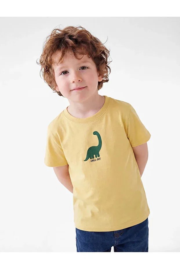 Детская футболка для мальчиков с принтом Cotton dinosaur printed green baby boy t-shirt 6smb10007tk Koton, Green — фото 3