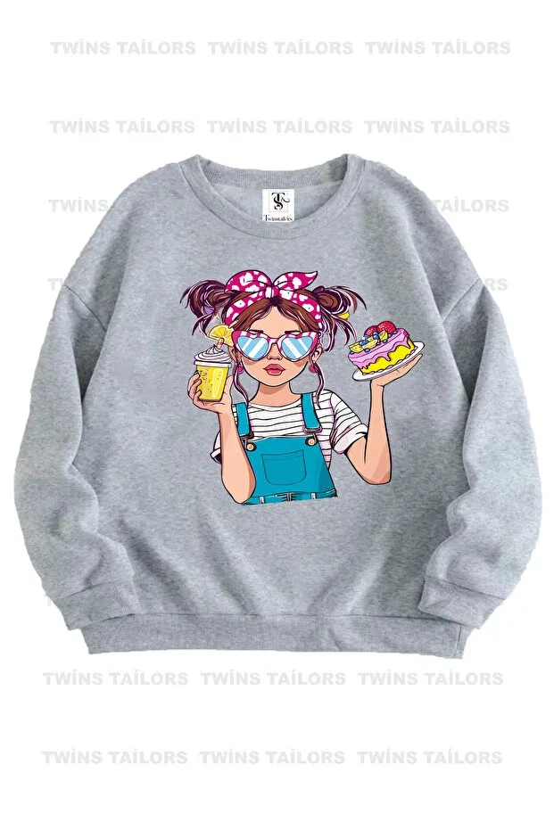 Детские свитшот для девочек с принтом Beige-Grey-Brown triple crew neck girls' sweatshirt with capybara and teddybear print and fleece inside Twins Tailors, Brown — фото 4