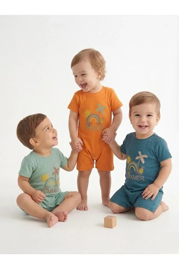 Детское боди-комбинезон с принтом Unisex baby camisole summer printed short sleeve romper 3-pack Babykugu, Turuncu-Çağla-Petrol Mavisi
