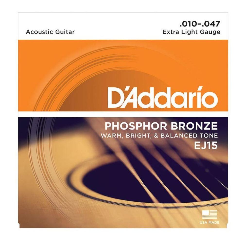 Струны D'Addario EJ15 для акустической гитары фосфористая бронза (0,010-0,047 Extra Light Gauge) - фото