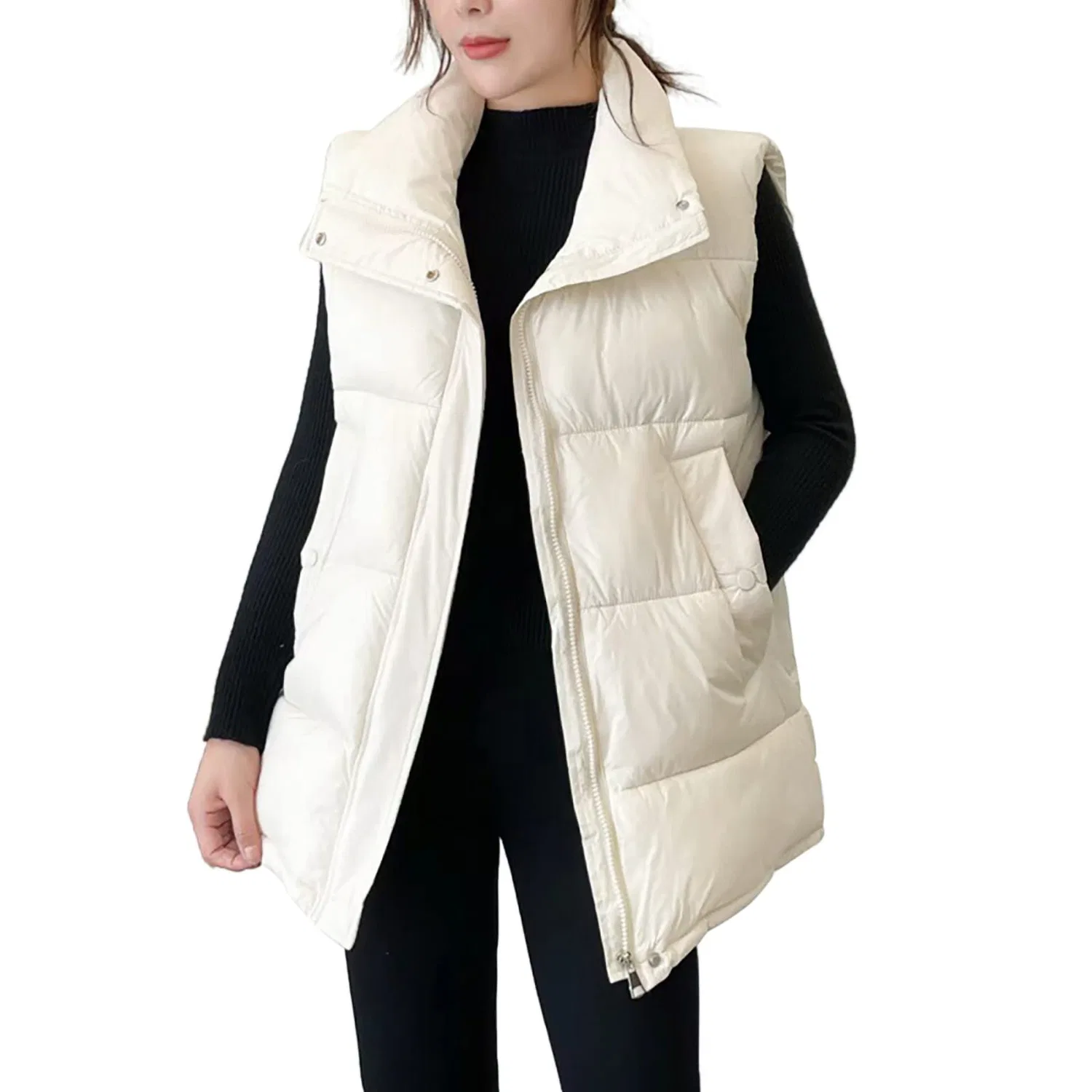 Женский стеганый жилет с капюшоном оверсайз Y2K Solid Color Elegant Lightweight Quilted Down Jacket Sporty Windproof Warm, Beige