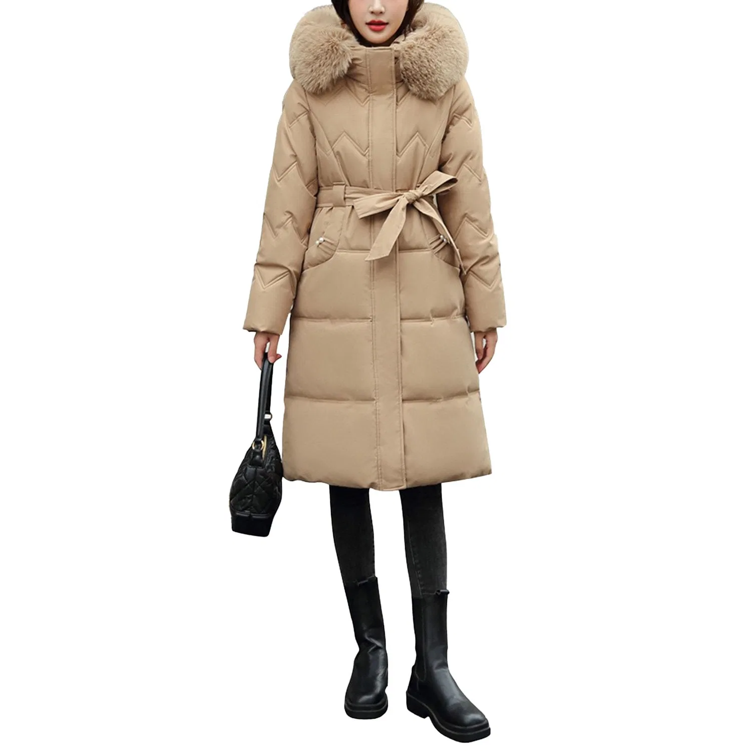 Женское длинное пальто с капюшоном из искусственного меха и поясом, Beige — фото 4