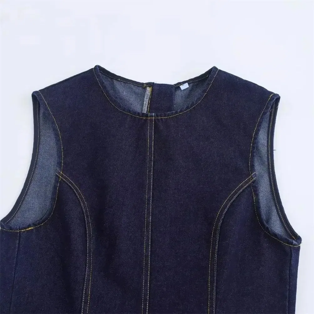 Женское джинсовое платье миди с круглым вырезом без рукавов, Denim — фото 3