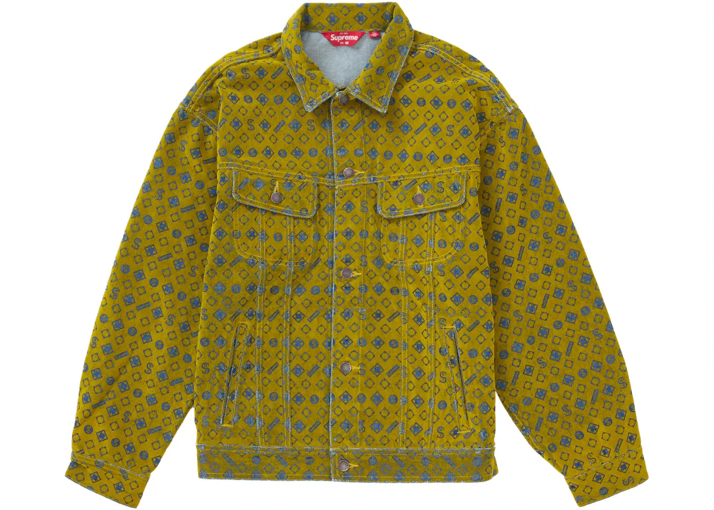 Мужская куртка-тракер из денима с флокированным принтом Supreme Flocked Denim Trucker Jacket, Mustard