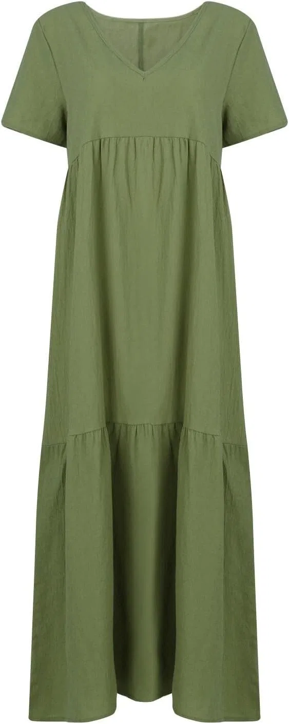 Женское льняное макси-платье свободного кроя с V-образным вырезом, Dark Green — фото 3